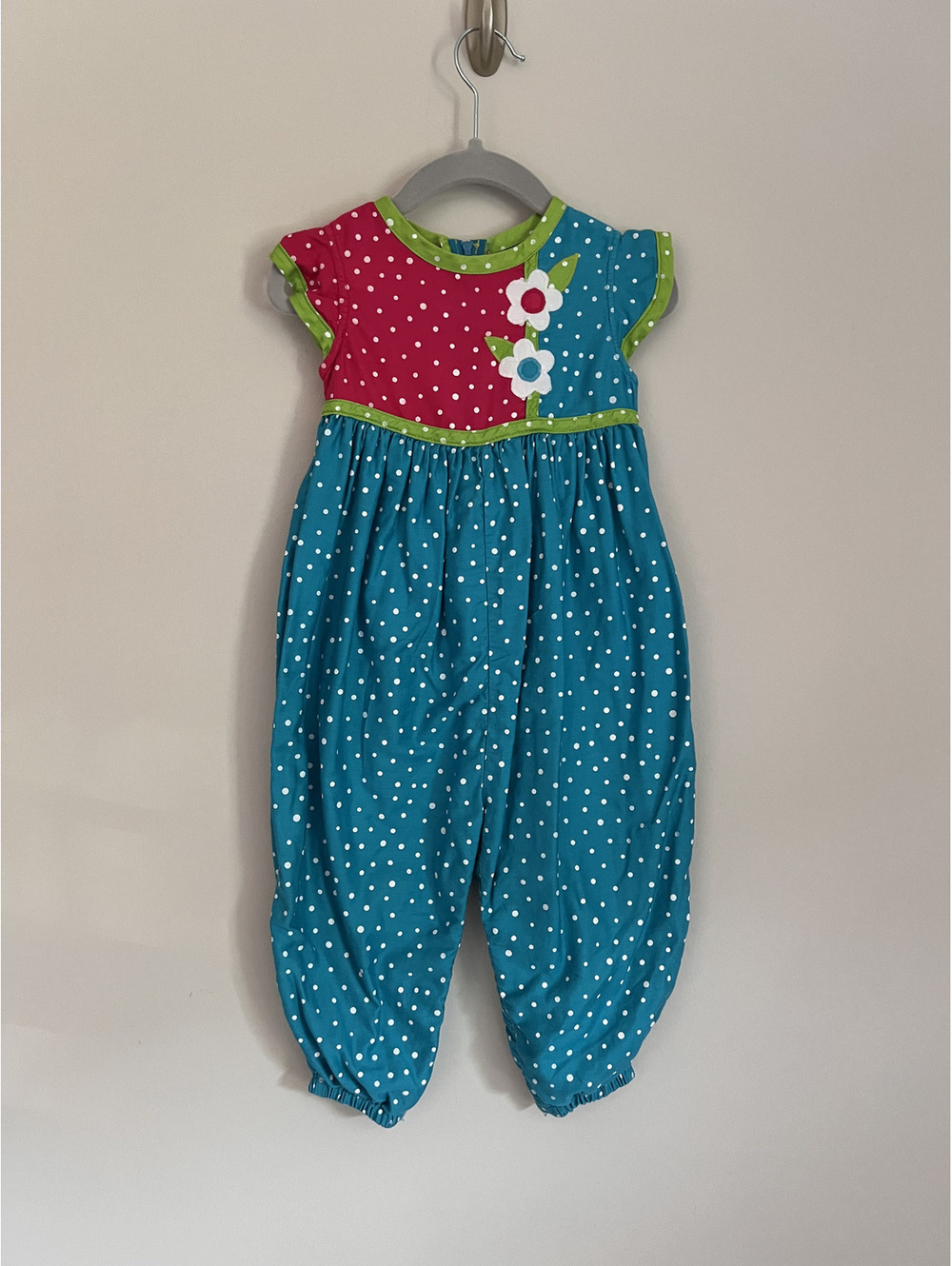 Vintage Florence Eiseman Teal Pink Green Floral Applique Short Sleeve Romper